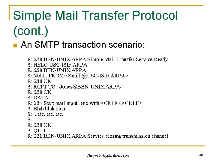 Simple Mail Transfer Protocol (cont. ) n An SMTP transaction scenario: Chapter 6: Application