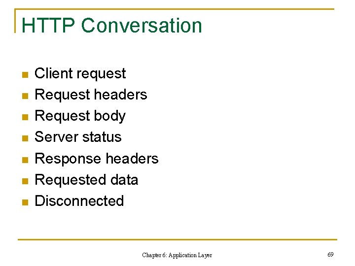 HTTP Conversation n n n Client request Request headers Request body Server status Response