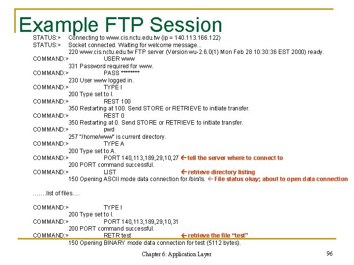 Example FTP Session STATUS: > Connecting to www. cis. nctu. edu. tw (ip =
