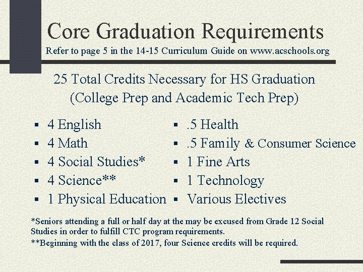 Core Graduation Requirements Refer to page 5 in the 14 -15 Curriculum Guide on