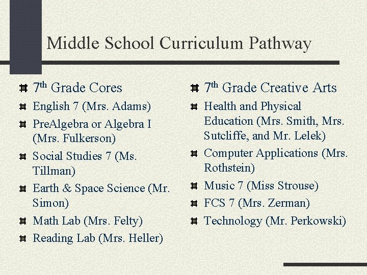 Middle School Curriculum Pathway 7 th Grade Cores 7 th Grade Creative Arts English