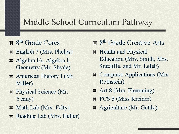 Middle School Curriculum Pathway 8 th Grade Cores 8 th Grade Creative Arts English