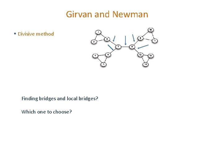 Girvan and Newman § Divisive method Finding bridges and local bridges? Which one to