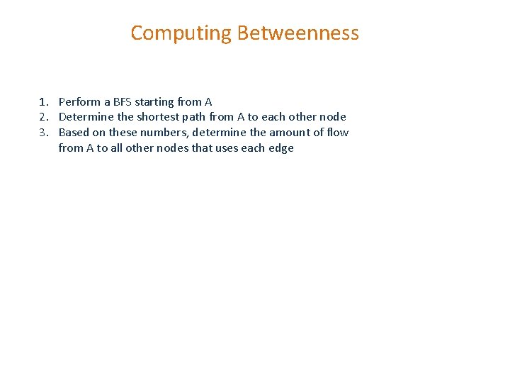 Computing Betweenness 1. Perform a BFS starting from A 2. Determine the shortest path