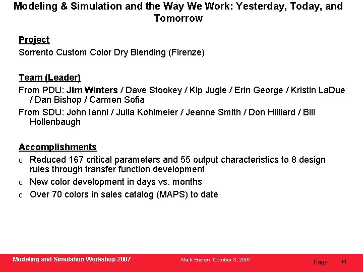 Modeling & Simulation and the Way We Work: Yesterday, Today, and Tomorrow Project Sorrento