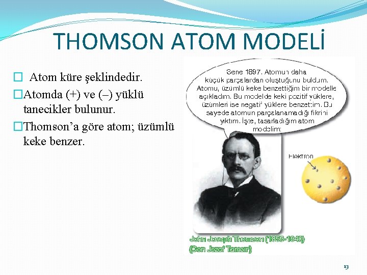 THOMSON ATOM MODELİ � Atom küre şeklindedir. �Atomda (+) ve (–) yüklü tanecikler bulunur.