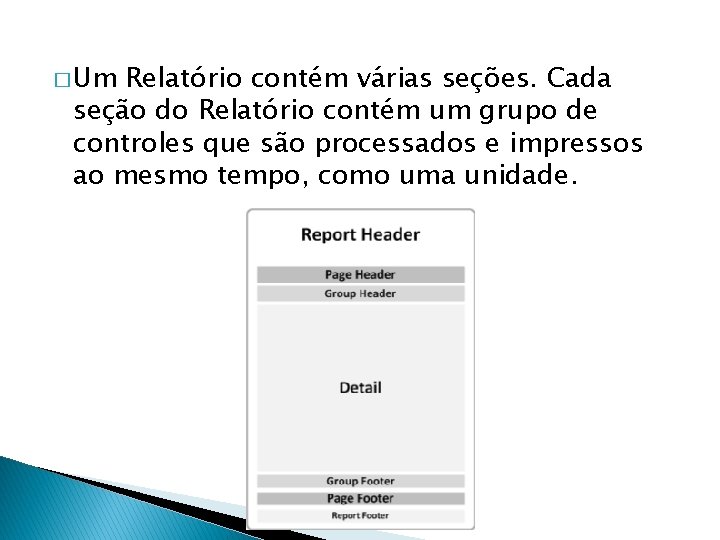 � Um Relatório contém várias seções. Cada seção do Relatório contém um grupo de