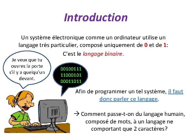 Introduction Un système électronique comme un ordinateur utilise un langage très particulier, composé uniquement