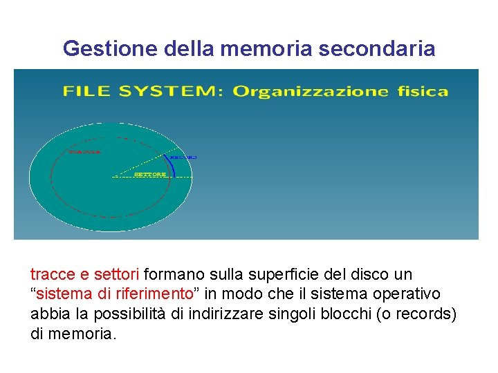 Gestione della memoria secondaria tracce e settori formano sulla superficie del disco un “sistema