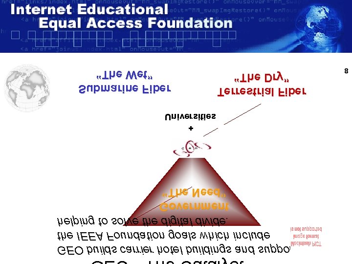 “The Wet” Submarine Fiber “The Dry” Terrestrial Fiber Universities + “The Need” Government helping