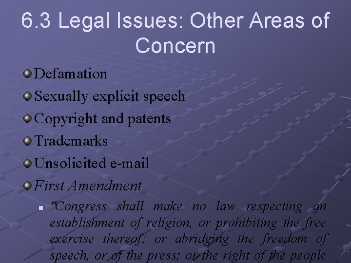 6. 3 Legal Issues: Other Areas of Concern Defamation Sexually explicit speech Copyright and