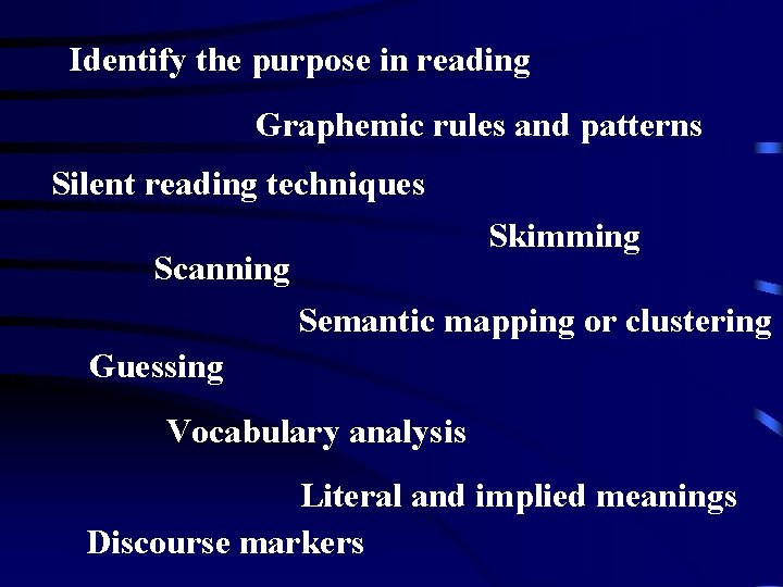 Identify the purpose in reading Graphemic rules and patterns Silent reading techniques Skimming Scanning