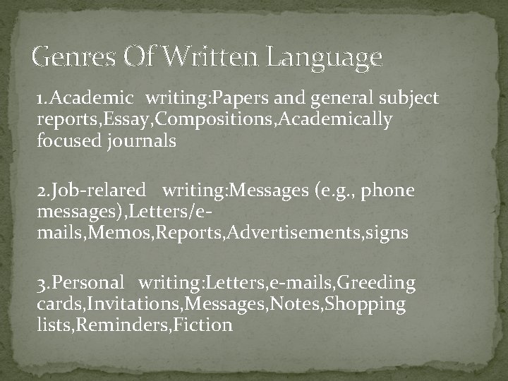 Genres Of Written Language 1. Academic writing: Papers and general subject reports, Essay, Compositions,