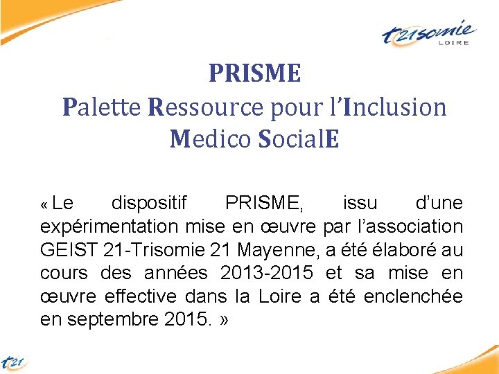 PRISME Palette Ressource pour l’Inclusion Medico Social. E « Le dispositif PRISME, issu d’une