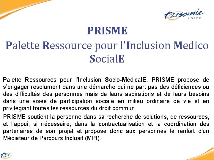 PRISME Palette Ressource pour l’Inclusion Medico Social. E Palette Ressources pour l’Inclusion Socio-Médical. E,