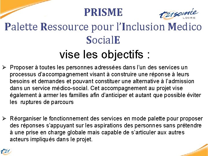 PRISME Palette Ressource pour l’Inclusion Medico Social. E vise les objectifs : Ø Proposer