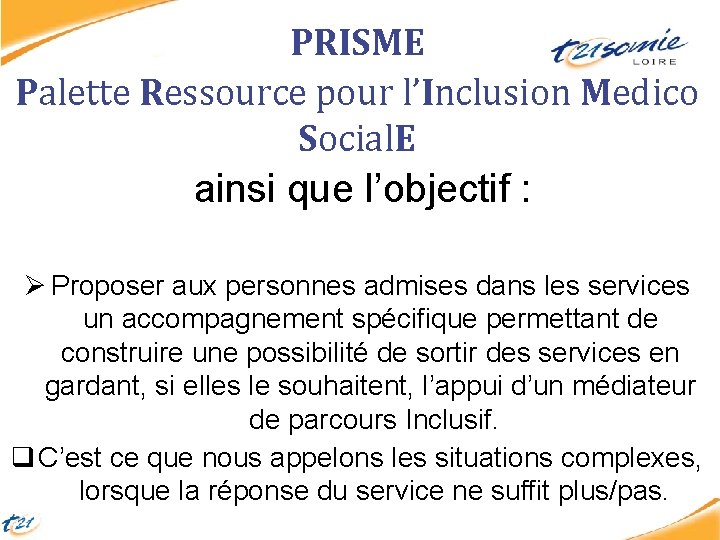 PRISME Palette Ressource pour l’Inclusion Medico Social. E ainsi que l’objectif : Ø Proposer