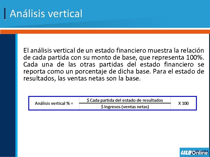 Análisis vertical El análisis vertical de un estado financiero muestra la relación de cada