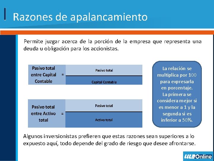 Razones de apalancamiento Permite juzgar acerca de la porción de la empresa que representa