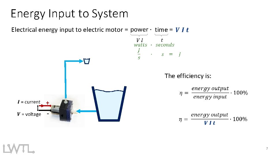 Energy Input to System Electrical energy input to electric motor = time = The