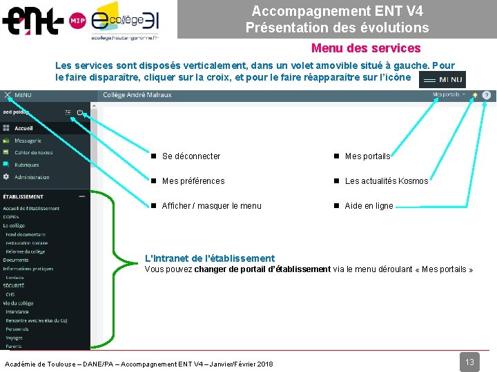 Accompagnement ENT V 4 Présentation des évolutions Menu des services Les services sont disposés