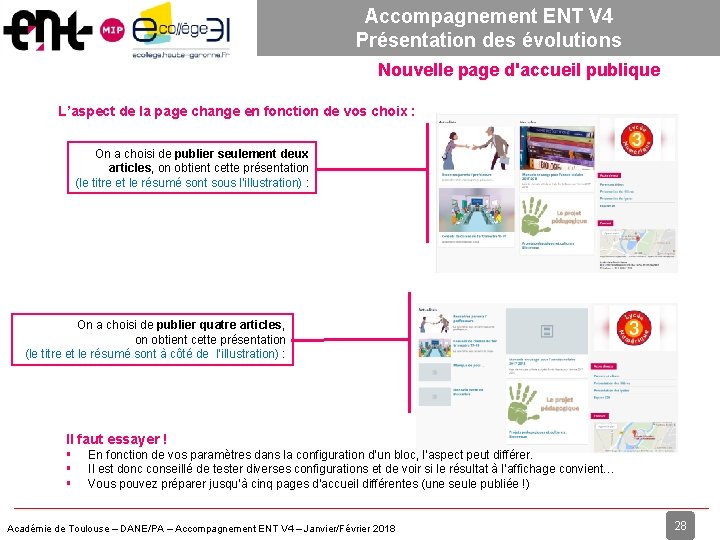 Accompagnement ENT V 4 Présentation des évolutions Nouvelle page d'accueil publique L’aspect de la