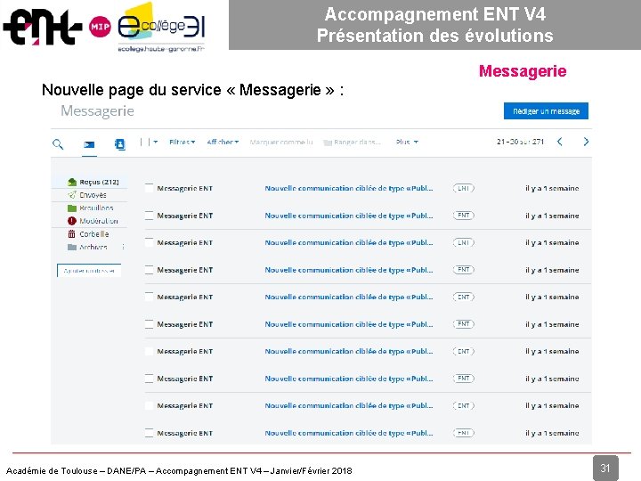 Accompagnement ENT V 4 Présentation des évolutions Messagerie Nouvelle page du service « Messagerie