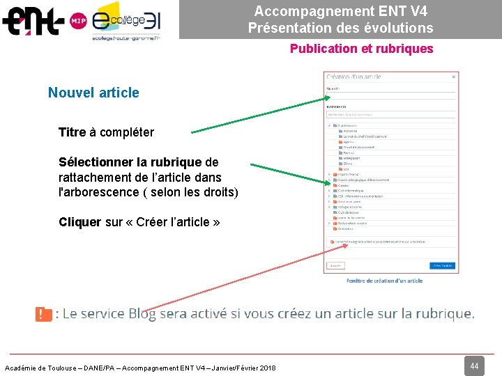 Accompagnement ENT V 4 Présentation des évolutions Publication et rubriques Nouvel article Titre à