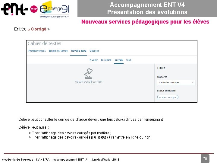 Accompagnement ENT V 4 Présentation des évolutions Nouveaux services pédagogiques pour les élèves Entrée