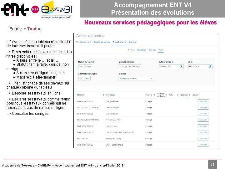 Accompagnement ENT V 4 Présentation des évolutions Nouveaux services pédagogiques pour les élèves Entrée