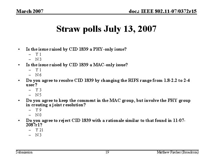 March 2007 doc. : IEEE 802. 11 -07/0372 r 15 Straw polls July 13,