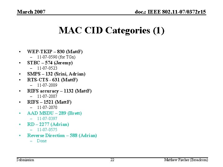 March 2007 doc. : IEEE 802. 11 -07/0372 r 15 MAC CID Categories (1)