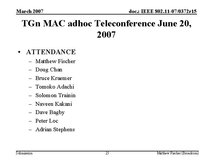 March 2007 doc. : IEEE 802. 11 -07/0372 r 15 TGn MAC adhoc Teleconference