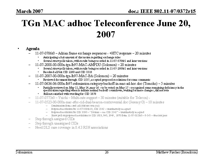 March 2007 doc. : IEEE 802. 11 -07/0372 r 15 TGn MAC adhoc Teleconference