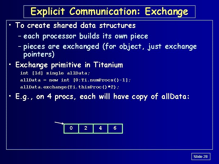 Explicit Communication: Exchange • To create shared data structures – each processor builds its