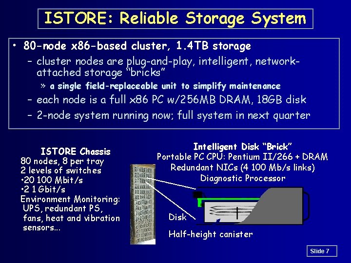 ISTORE: Reliable Storage System • 80 -node x 86 -based cluster, 1. 4 TB