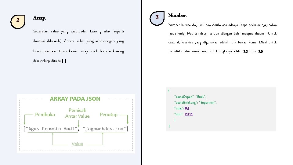 2 Array. Sederetan value yang diapit oleh kurung siku (seperti 3 Number berupa digit