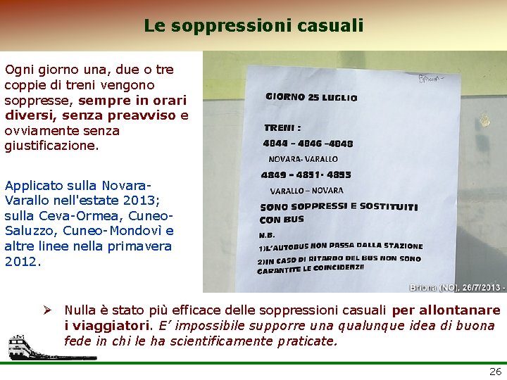 Le soppressioni casuali Ogni giorno una, due o tre coppie di treni vengono soppresse,