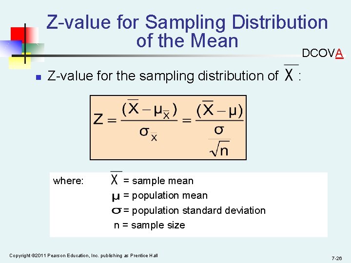 Z-value for Sampling Distribution of the Mean DCOVA n Z-value for the sampling distribution
