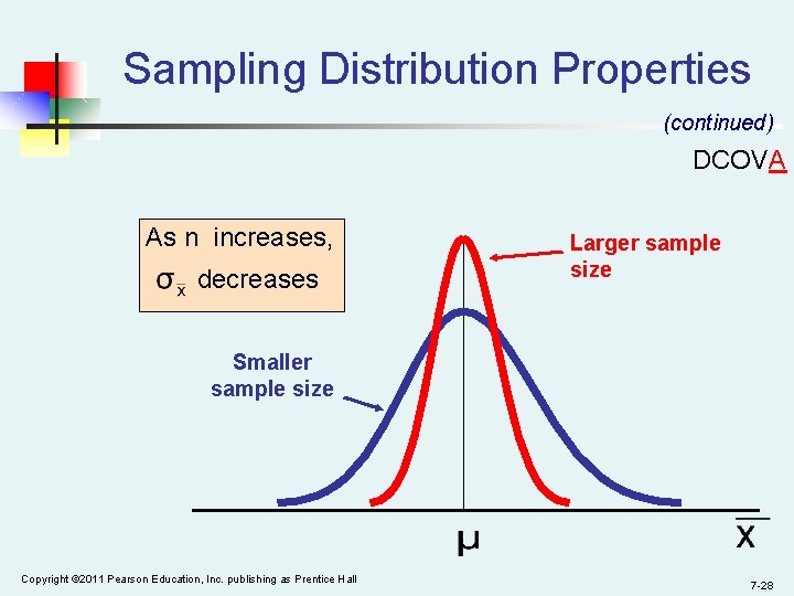 Sampling Distribution Properties (continued) DCOVA As n increases, decreases Larger sample size Smaller sample