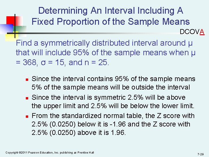 Determining An Interval Including A Fixed Proportion of the Sample Means DCOVA Find a