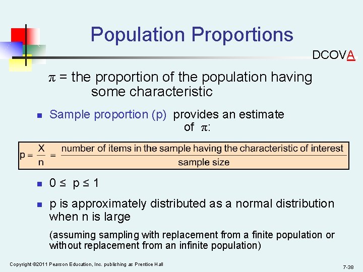 Population Proportions DCOVA π = the proportion of the population having some characteristic n