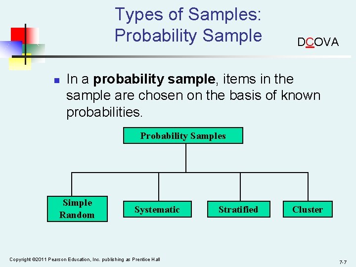 Types of Samples: Probability Sample n DCOVA In a probability sample, items in the