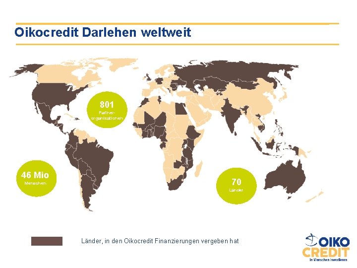 Oikocredit Darlehen weltweit 801 Partnerorganisationen 46 Mio Menschen 70 Länder, in den Oikocredit Finanzierungen