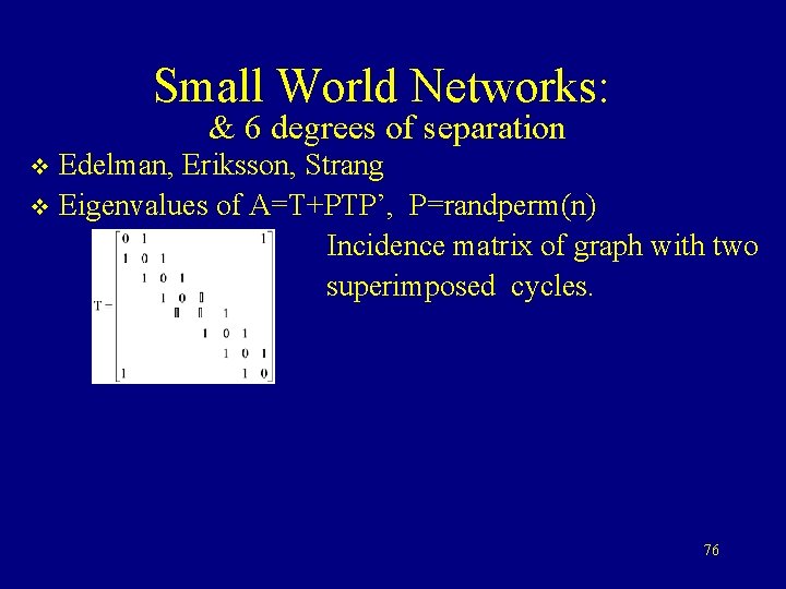 Small World Networks: & 6 degrees of separation Edelman, Eriksson, Strang v Eigenvalues of