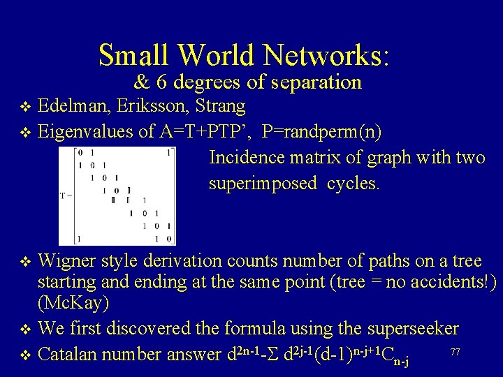 Small World Networks: & 6 degrees of separation Edelman, Eriksson, Strang v Eigenvalues of