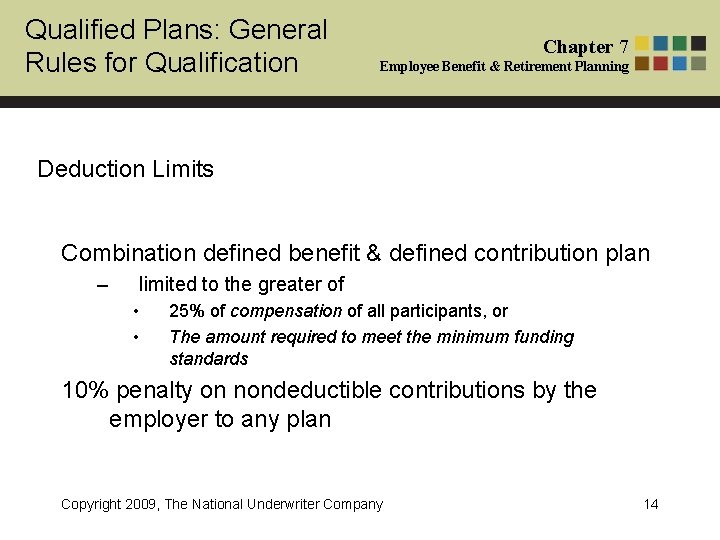 Qualified Plans: General Rules for Qualification Chapter 7 Employee Benefit & Retirement Planning Deduction