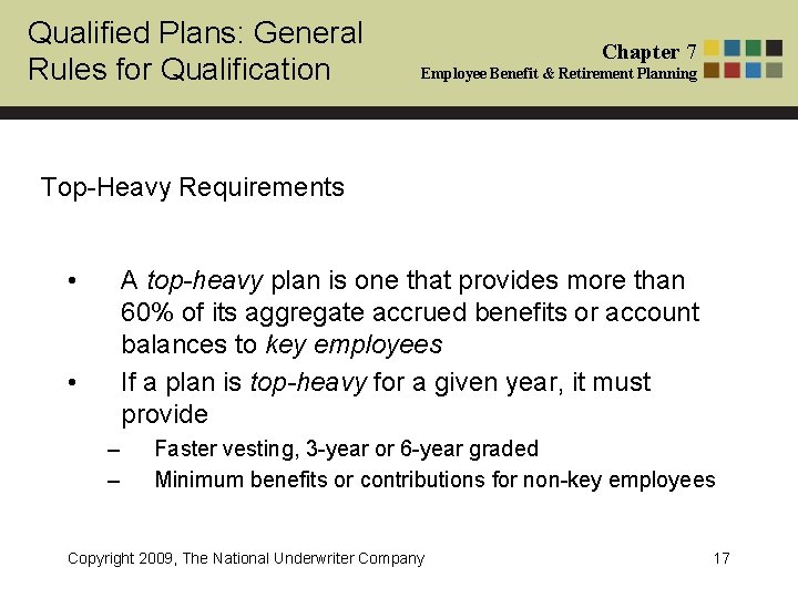 Qualified Plans: General Rules for Qualification Chapter 7 Employee Benefit & Retirement Planning Top-Heavy