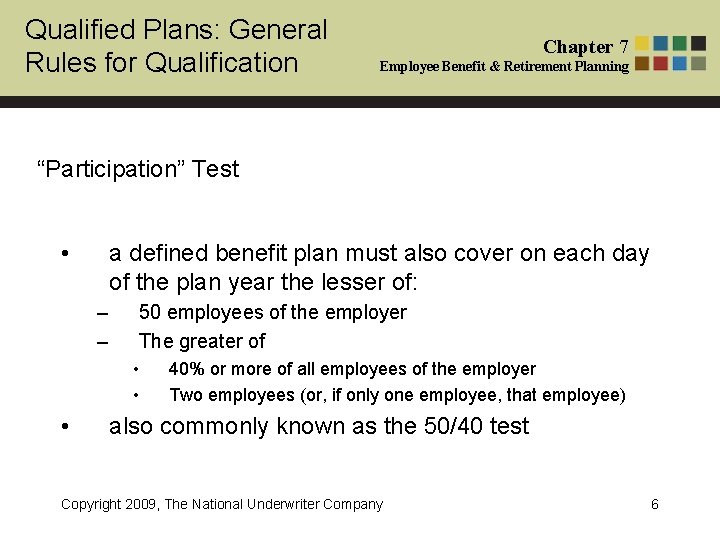 Qualified Plans: General Rules for Qualification Chapter 7 Employee Benefit & Retirement Planning “Participation”