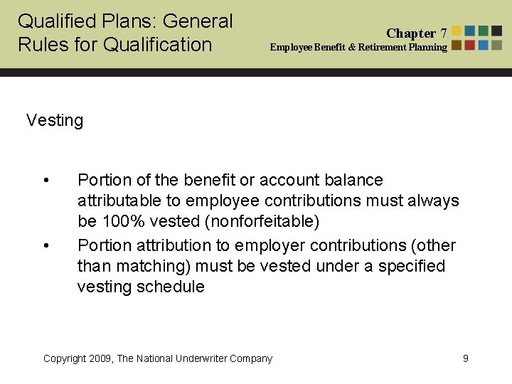 Qualified Plans: General Rules for Qualification Chapter 7 Employee Benefit & Retirement Planning Vesting